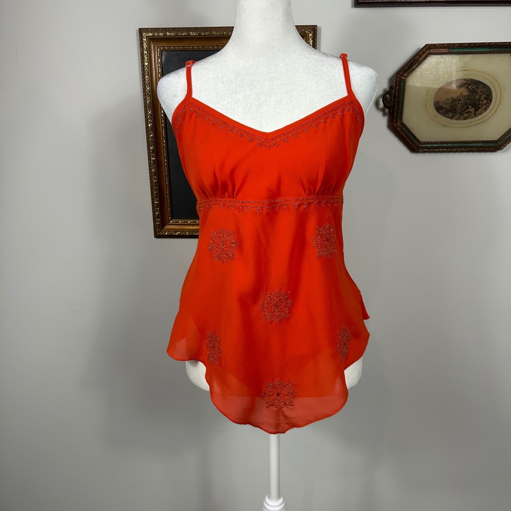 Y2K Orange‎ Babydoll Top w/ Gold Embroidery - SIZE 10 Handkerchief Hem NY & Co